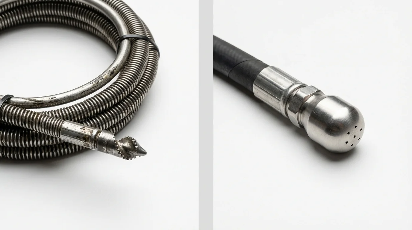Drain snake cable and hydro jetting nozzle used for drain cleaning in Buxton, ME