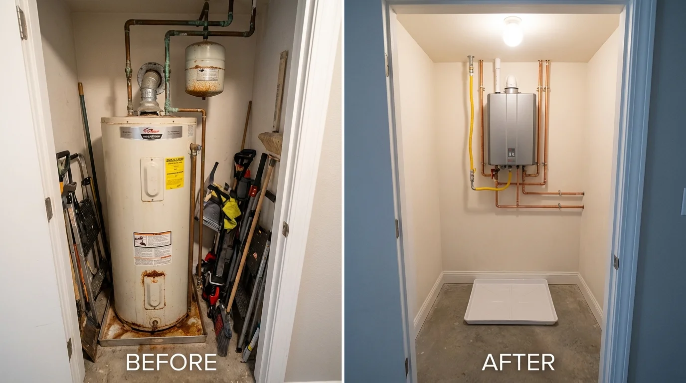 Tank water heater versus wall-mounted tankless unit comparison for Buxton, ME homeowners