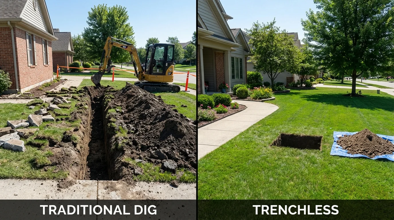 Trenchless sewer repair with minimal yard damage versus traditional excavation in Buxton, ME